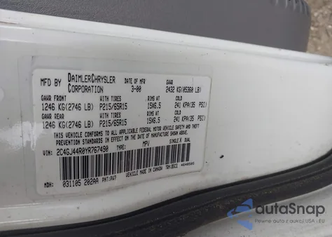 2000 Chrysler Grand Voyager Se z USA, uszkodzony, nr VIN 2C4GJ44R0YR767490